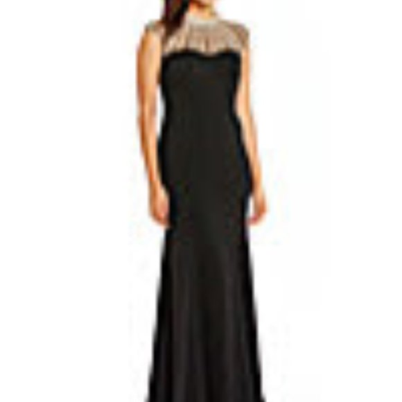 JS Collections Beaded High Neck Crepe Gown - Picture 1 of 6
